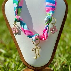 New Colorful Scarf Necklace with Pink Flower and Bow Charms Rhinestone Lilly